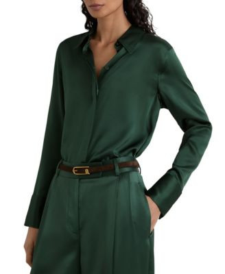 Reiss Women's Ameira Long-Sleeve Silk Satin Pointed-Collar Blouse - Teal Green | Macy's