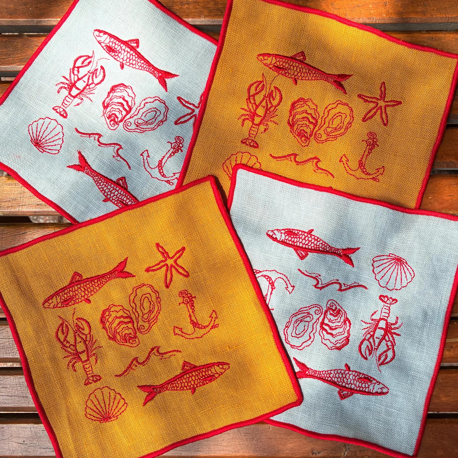 Embroidered Linen Cocktail Napkins: Sun, Beach, Seafood - Set of 4 | Etsy (Global)