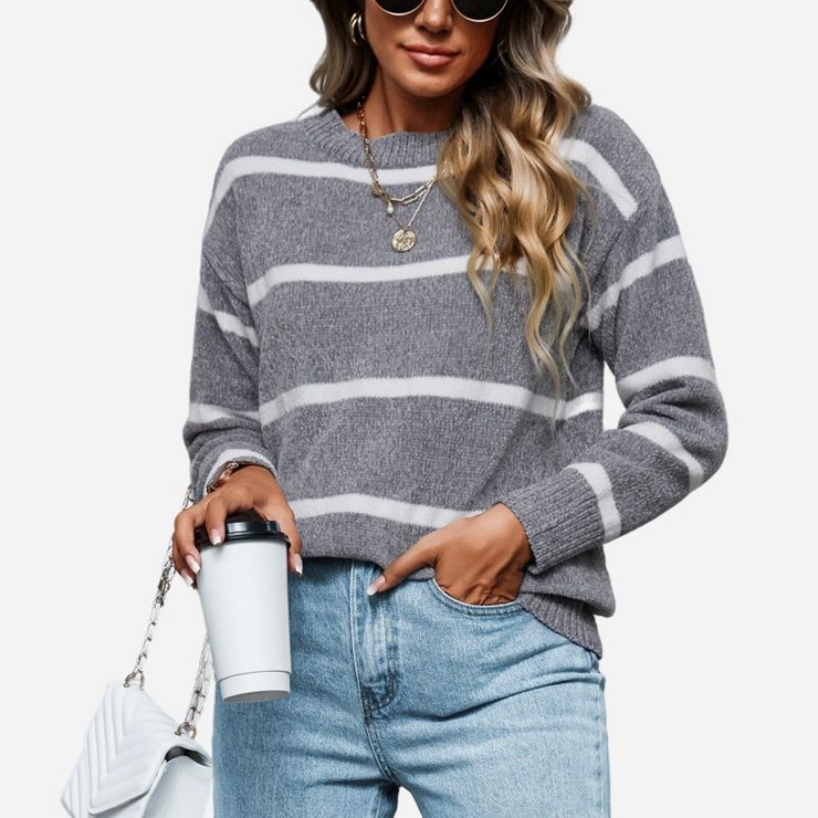 Women's Striped Drop Sleeve Sweater - Cupshe -Light Grey | Target