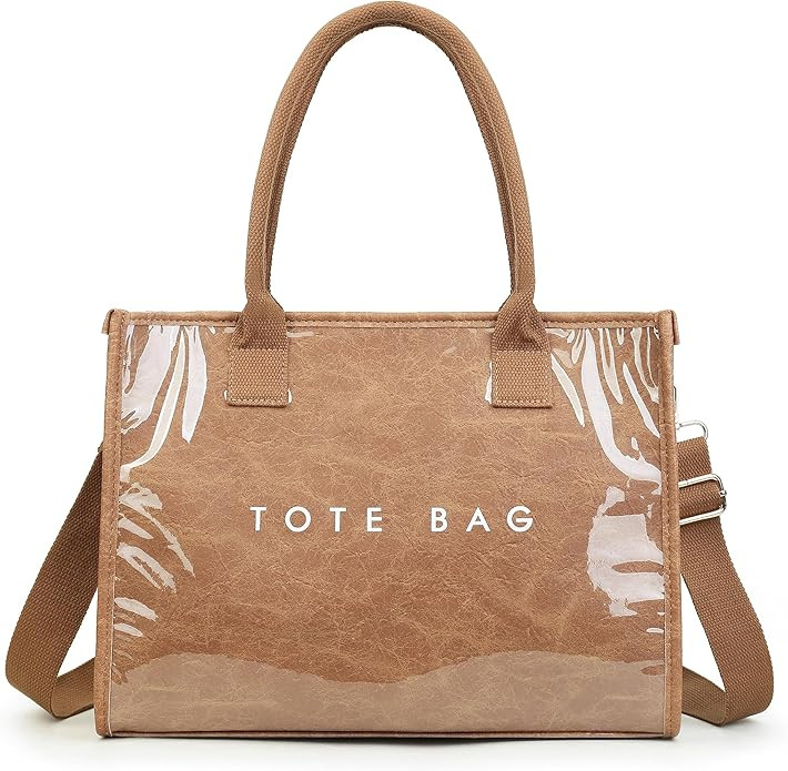 PVC Tote Bag for Women Letters Print Hobo Handbags Kraft Paper Shoulder Bag with Strap for Work T... | Amazon (US)