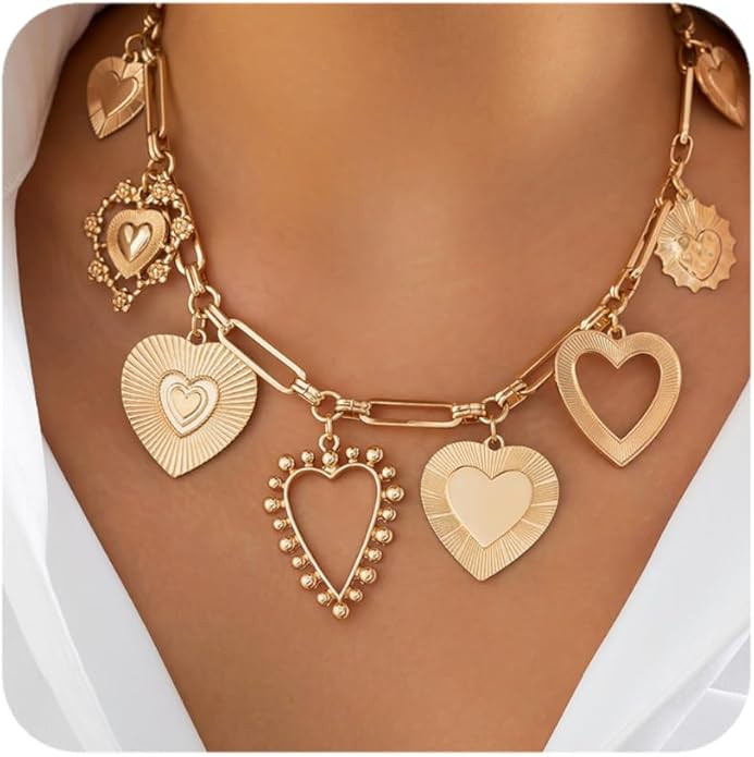 Chunky Gold Necklace for Women Big Heart Necklace Vintage Gold Statement Necklace for Women Stack... | Amazon (US)