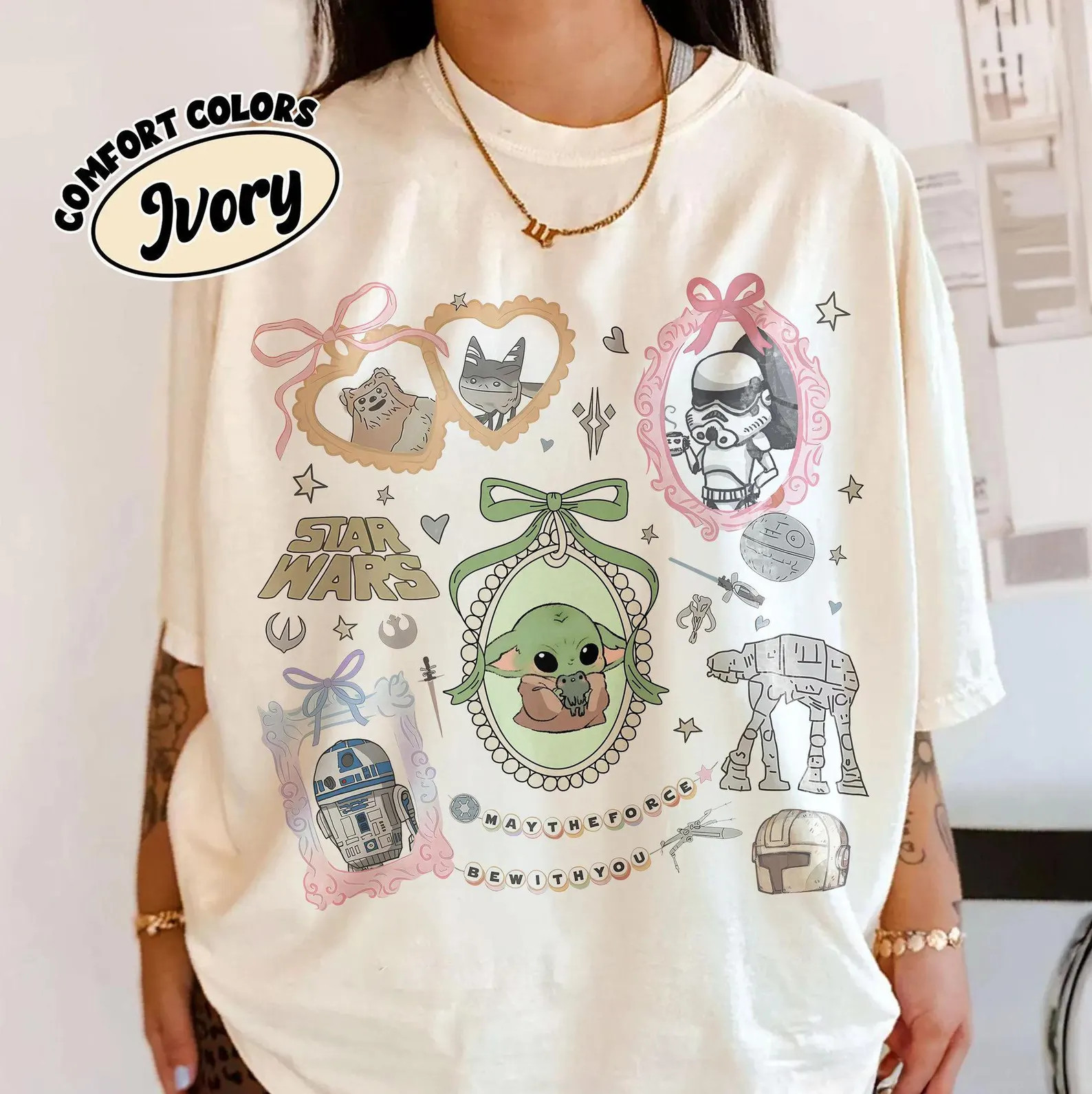 Retro Coquette Bow Star Wars Cute Shirt, Kawaii Grogu Tee, Pastel Galaxy Shirt, Disney World Comf... | Etsy (Global)