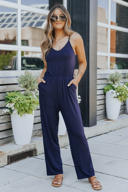 V-Neck Racerback Knit Jumpsuit - Navy - FINAL SALE | Magnolia Boutique