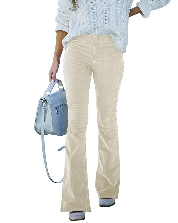 Sidefeel Women Corduroy Flare Pants Elastic Waist Bell Bottom Trousers | Amazon (US)