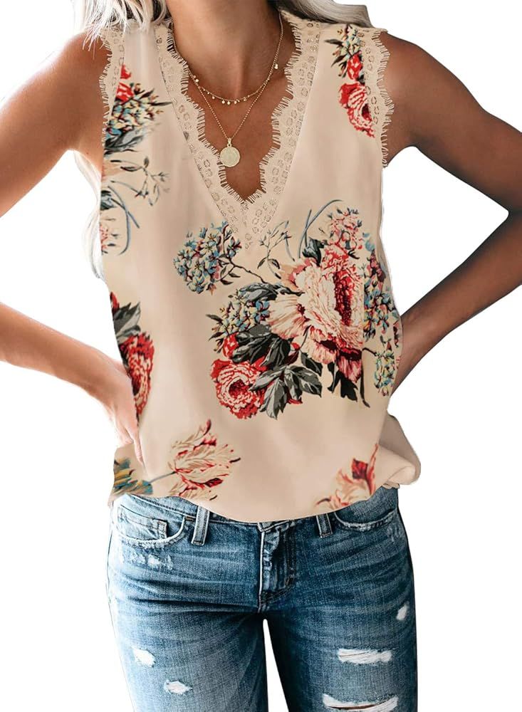 Women's V Neck Lace Trim Tank Tops Casual Loose Sleeveless Blouse Shirts | Amazon (US)