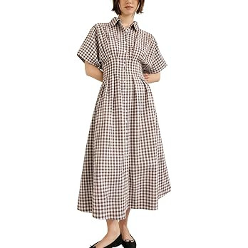 Yeokou Women Plaid Shirt Dress Short Sleeve Button Down Pleated Gingham A Line Maxi Dresses Casua... | Amazon (US)
