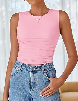 ZESICA Womens Summer Tank Tops 2024 Sleeveless Crewneck Knit Slim Fitted Side Ruched Casual Basic... | Amazon (US)