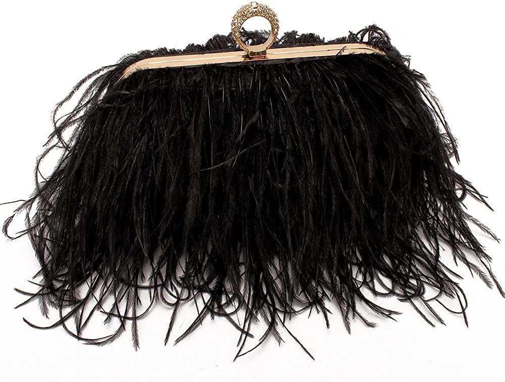 Women Real Natural Ostrich Feather Evening Bags Purses Clutch Vintage Banquet Handbag | Amazon (US)