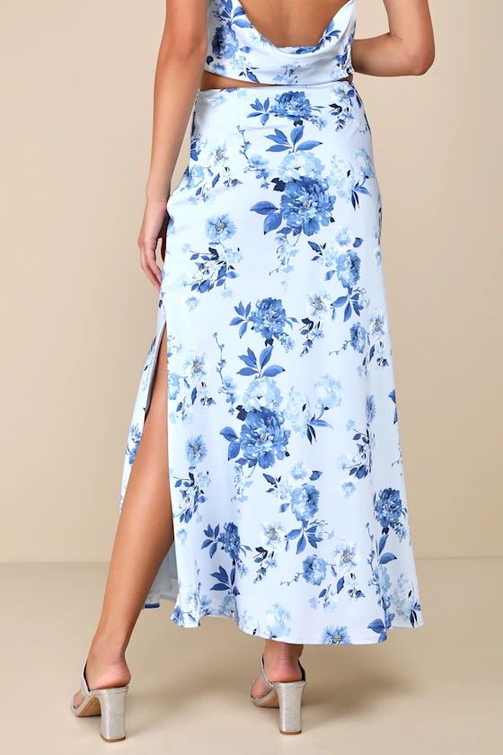 Charming Excellence Light Blue Floral Satin Midi Skirt | Lulus