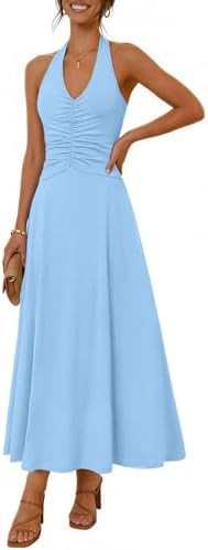 MEROKEETY Women's Formal Halter Maxi Dress 2026 Summer Backless Sleeveless V Neck Ruched Cocktail... | Amazon (US)