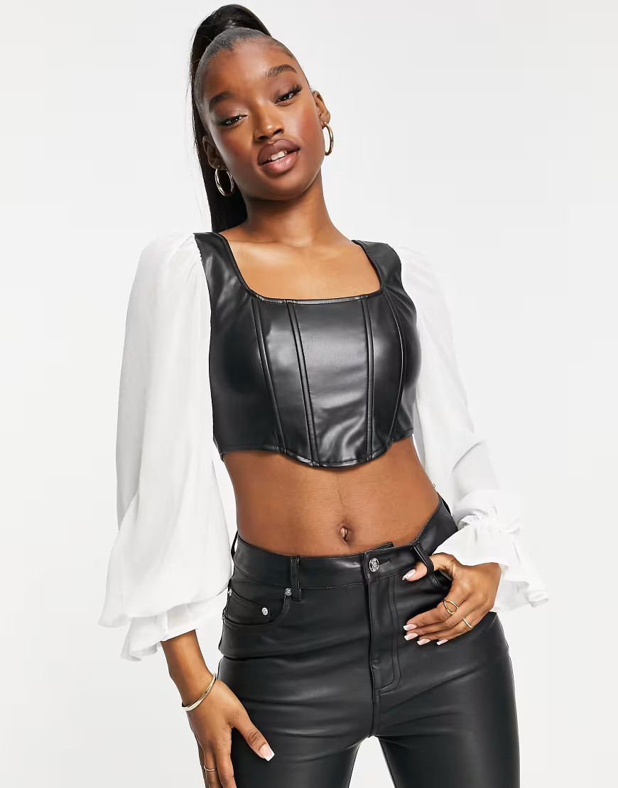 Saint Genies PU corset top with volume sleeve underlay detail in mono-Multi | ASOS (Global)