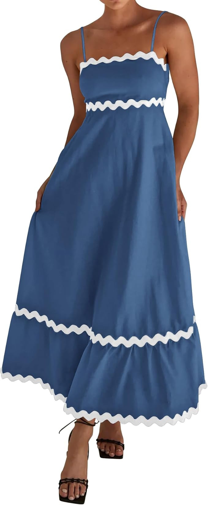 dowerme Women Summer Dresses 2024 Spaghetti Straps Sleeveless Smocked Rickrack Trim Boho Flowy Lo... | Amazon (US)