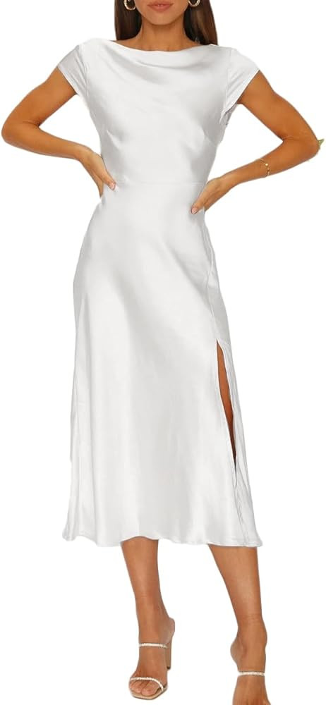 Women's Summer Satin Elegance Backless Twist Cap Sleeves Midi Dress 2023 Sexy Cowl Neck Slit Cock... | Amazon (US)