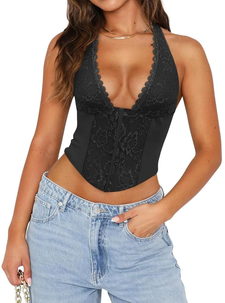 Women Sexy Lace Halter Neck Tank Top Sleeveless Backless Y2k Trendy Going Out Corset Crop Tops | Amazon (US)