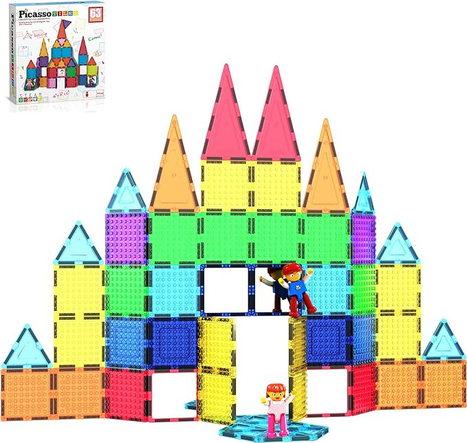 PicassoTiles 63 Pcs Magnetic Building Block Tiles with 2 Character Figures Construction Stacking ... | Amazon (US)