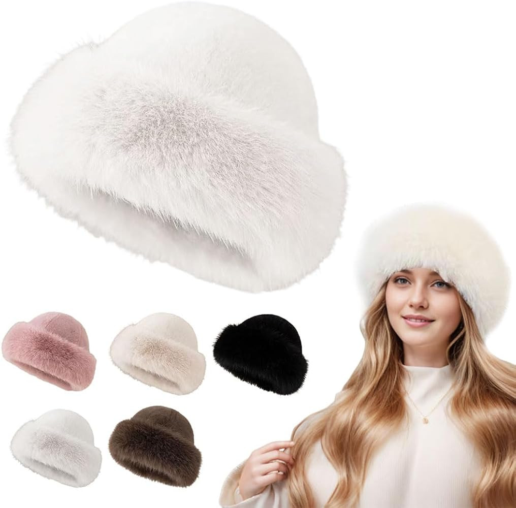 Faux Fur Bucket Hat, Womens Winter Plush Fluffy Furry Mink Hats Warm Thickened Fisherman Cap for ... | Amazon (US)