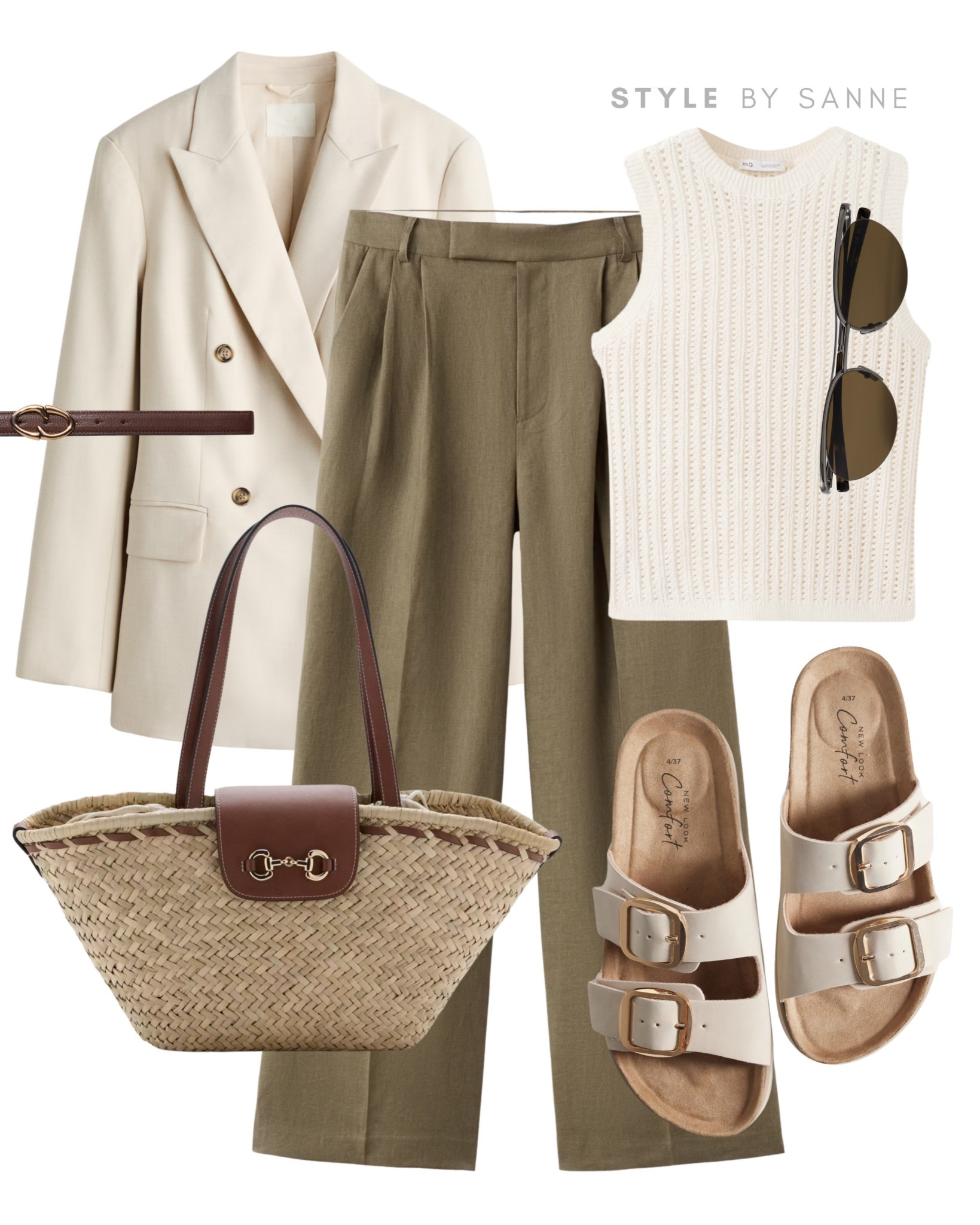A soft beige blazer paired with olive trousers creates a warm, earthy base. Styled with a textured knit top, suede sandals and a woven bag for a relaxed yet refined look with natural tones. 🫒 

#LTKspring #LTKstyletip #LTKworkwear