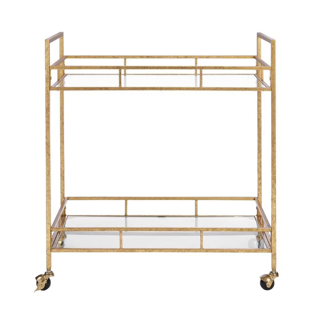 Home Decorators Collection Gold Leaf Metal and Glass Rolling Bar Cart with Glass Top (30 in. W x ... | The Home Depot