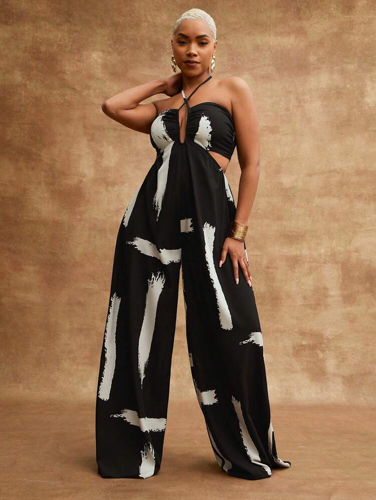 Vixey Printed Woven Halter Neck Bandeau Wide Leg Jumpsuit | SHEIN