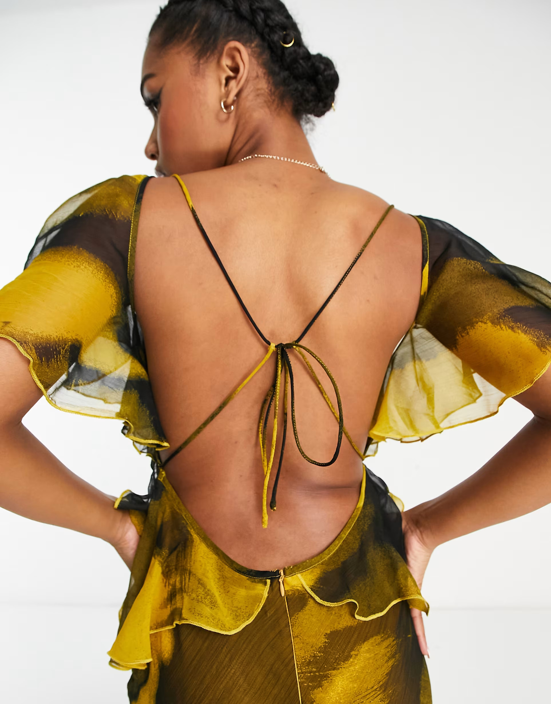 ASOS DESIGN ruffle shoulder maxi dress with open back in abstract print in black and yellow | ASOS (Global)