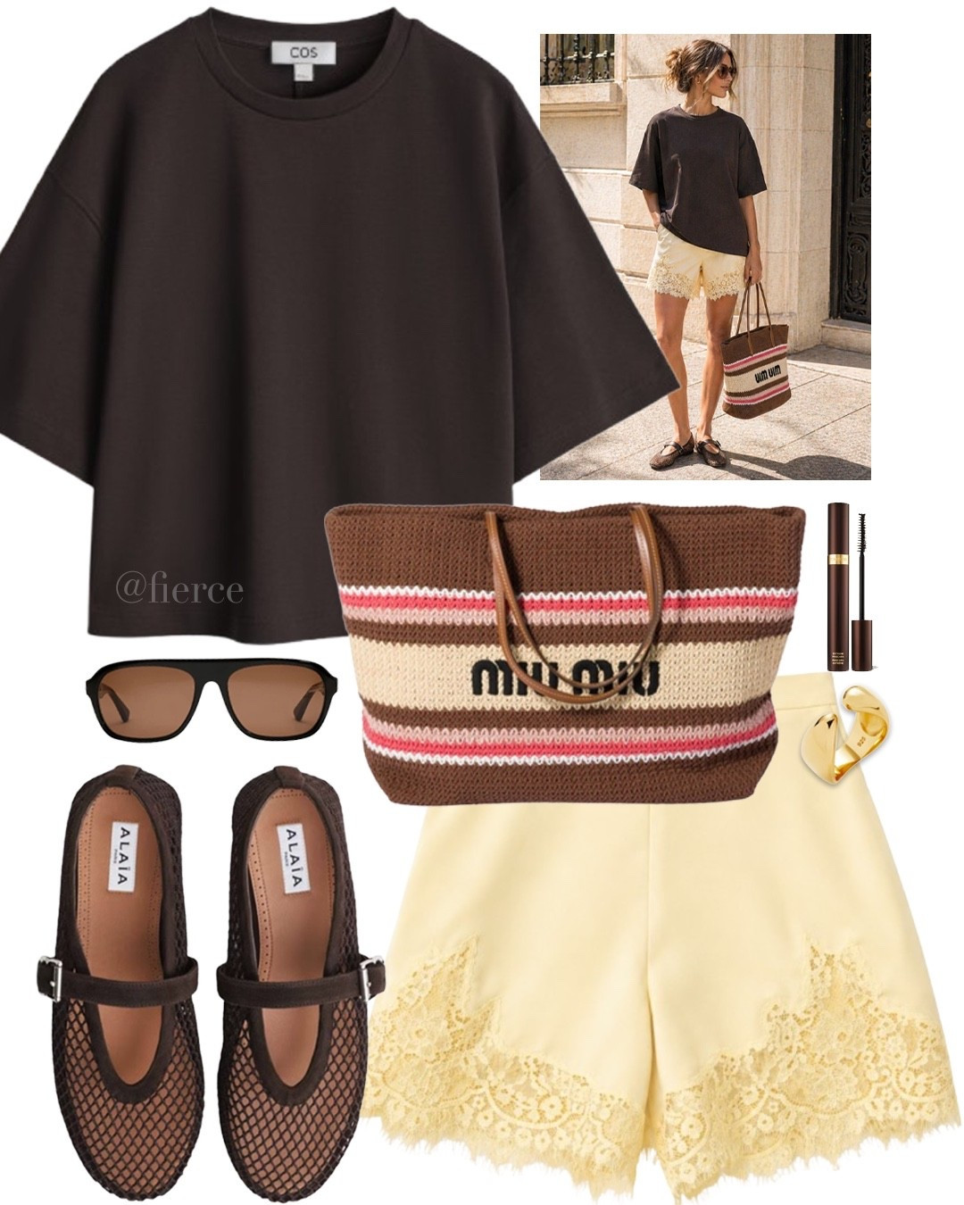 Chocolate brown oversized tshirt yellow satin lace shorts fishnet ballet flats Miu Miu printed summer tote bag 

#LTKuk #LTKsummer #LTKeurope