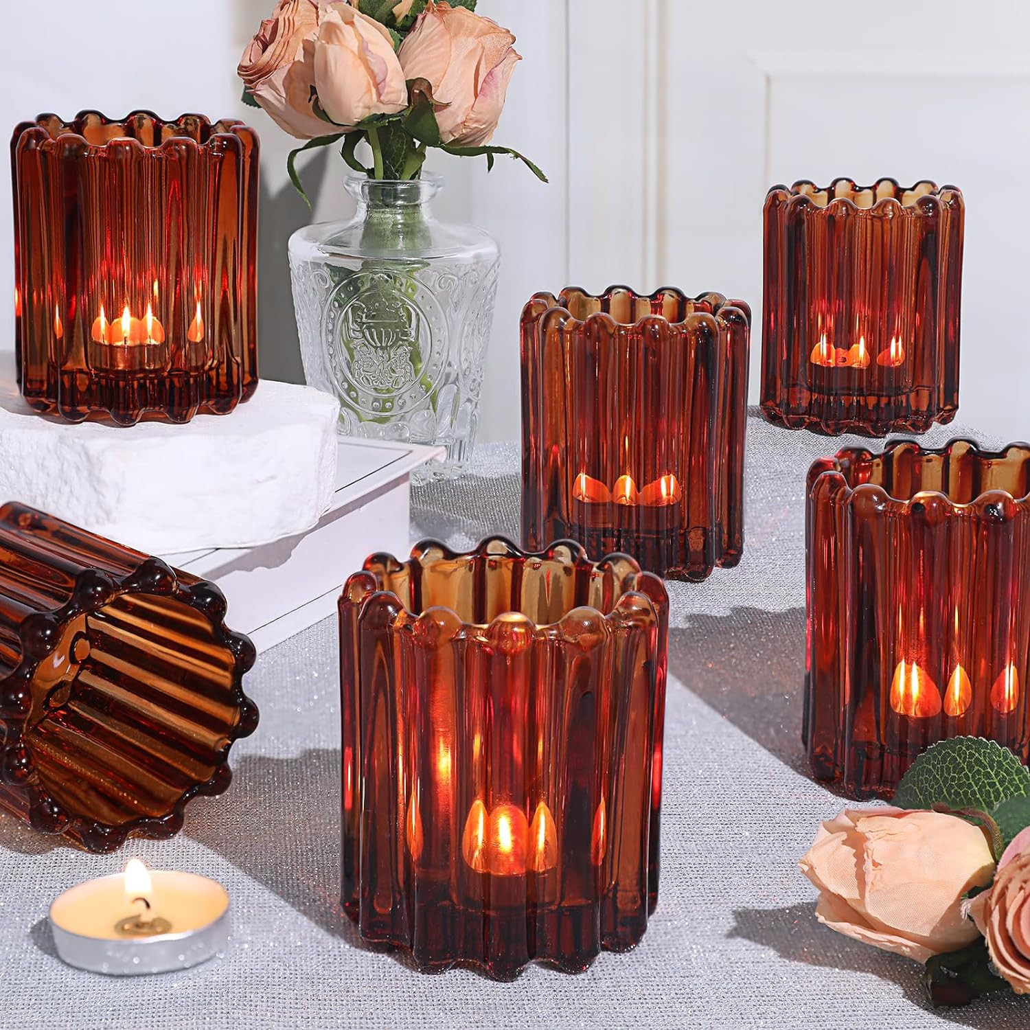 6pcs Votive Candle Holder, Amber Glass Vintage Candle Holders, Tealight Candle Holder for Boho Fa... | Amazon (US)