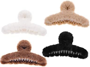 Tinblin 4pcs Faux Fur Hair Clips for Winter, 4.9 Inches Large Fuzzy Claw Clip for Thick Thin Hair, S | Amazon (US)