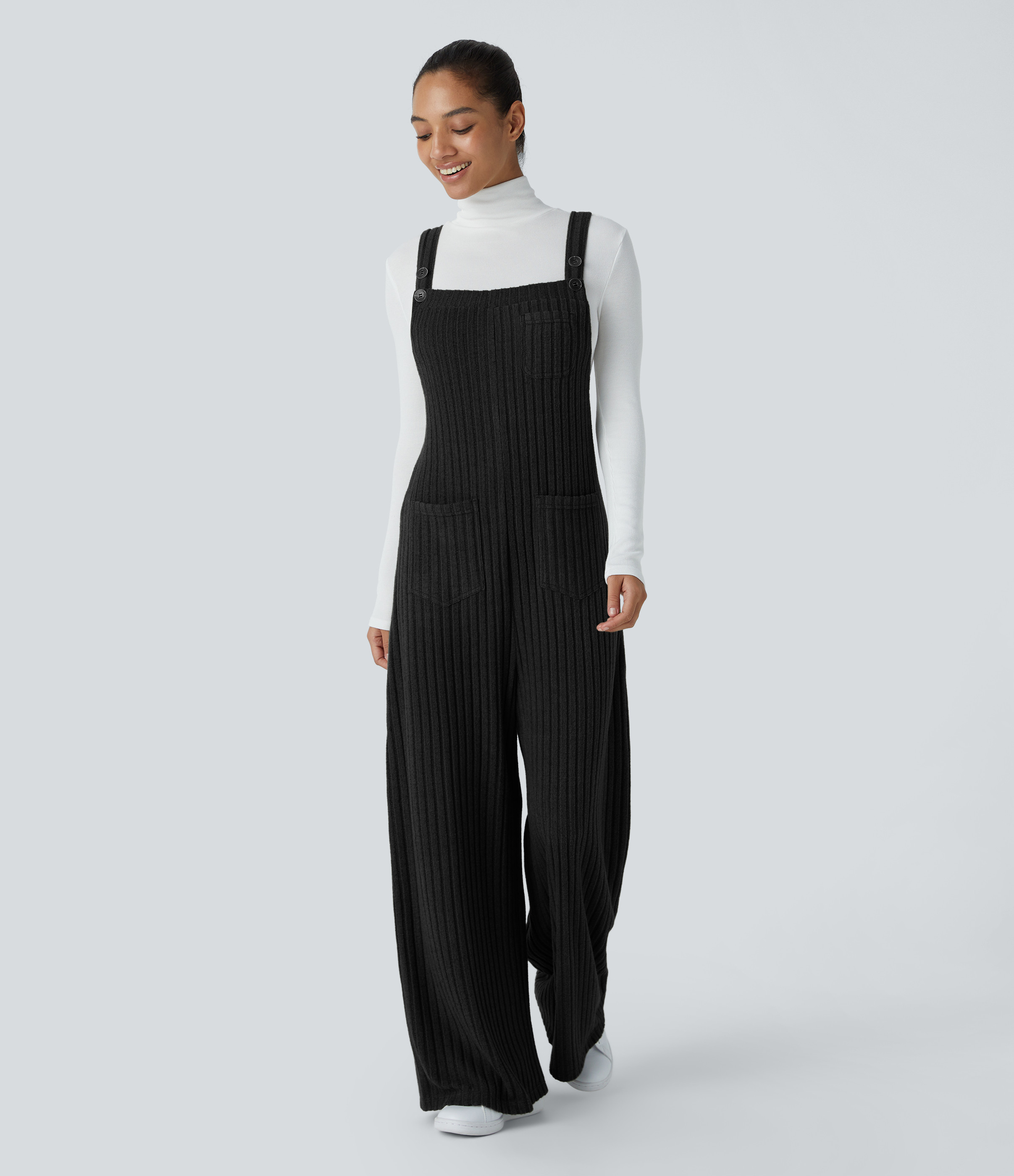 Halara Ribbed Knit Adjustable Strap Button Multiple Pockets Casual Overalls - Black - M(regular) | HALARA