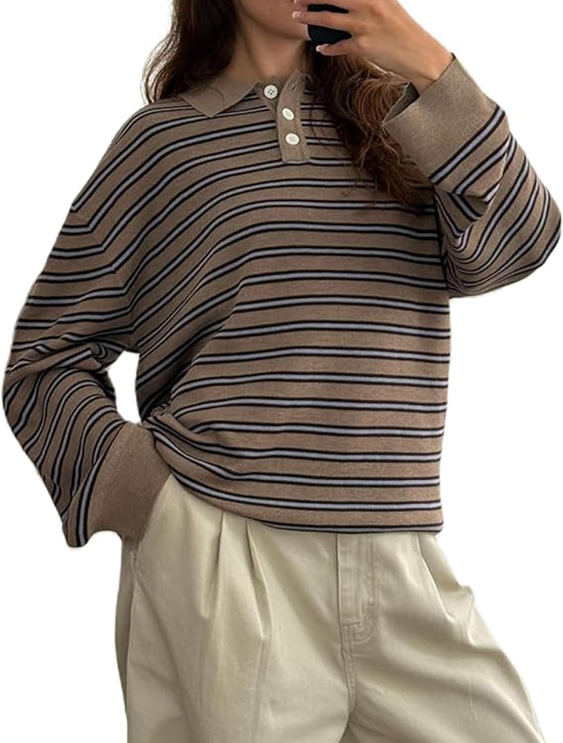 Women Striped Rugby Shirts Oversized Long Sleeve Collared Preppy Polo Sweater Vintage Aesthetic Knitted Shirts | Amazon (US)
