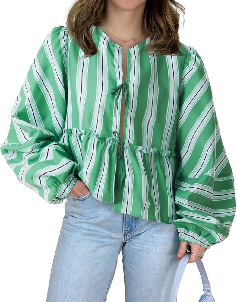 Tankaneo Womens Tie Front Tops Babydoll Striped Puff Long Sleeve Bow Shirts Casual Cute Peplum Bl... | Amazon (US)