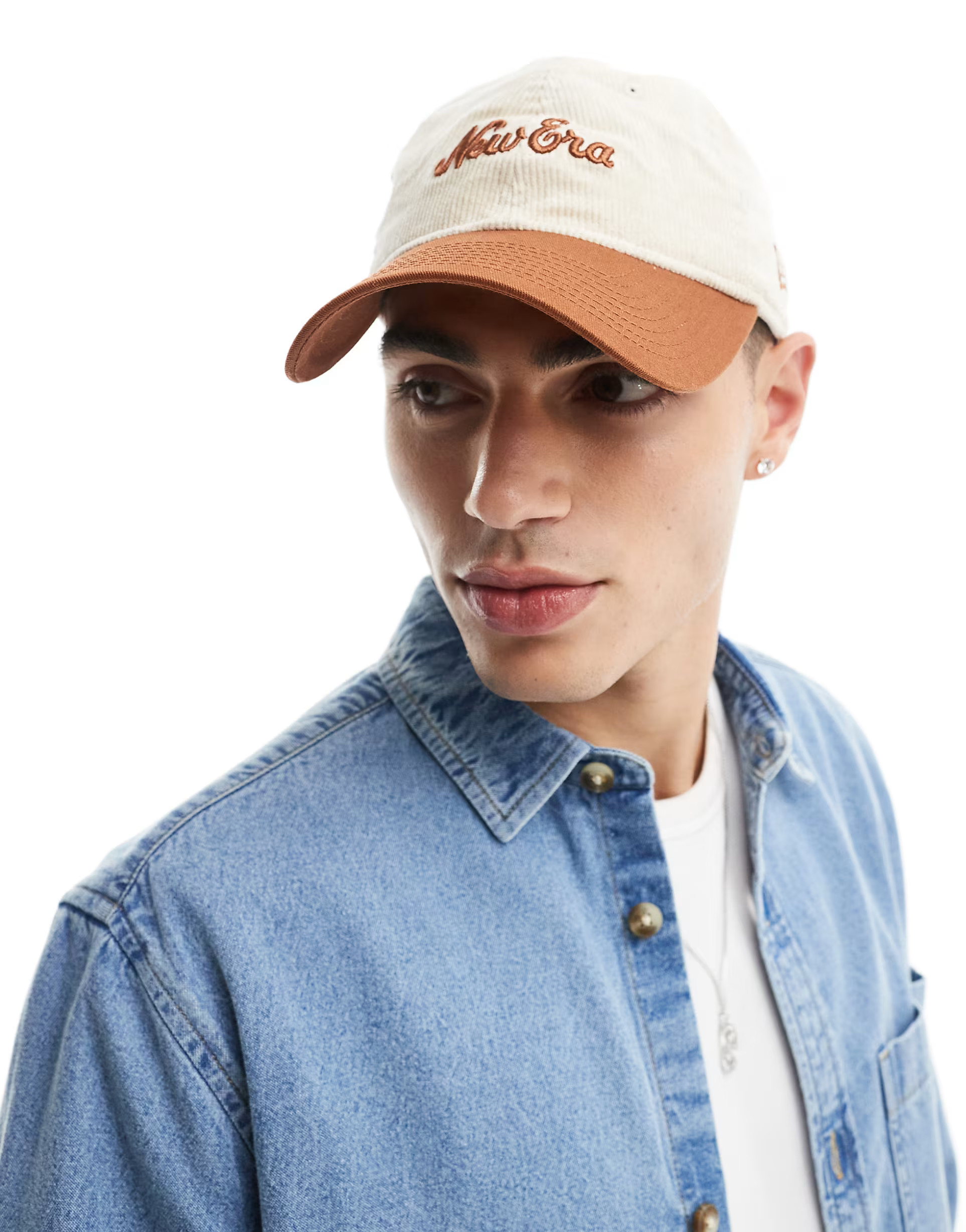 New Era 9twenty script logo cord cap with contrast orange peak in beige | ASOS (Global)