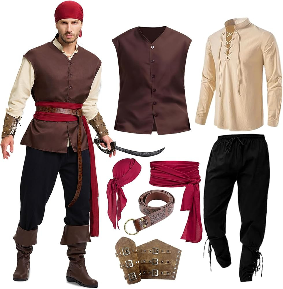 7PCS Mens Pirate Costume Renaissance Costume Outfit Medieval Costume Viking Pirate Accessories Ve... | Amazon (US)