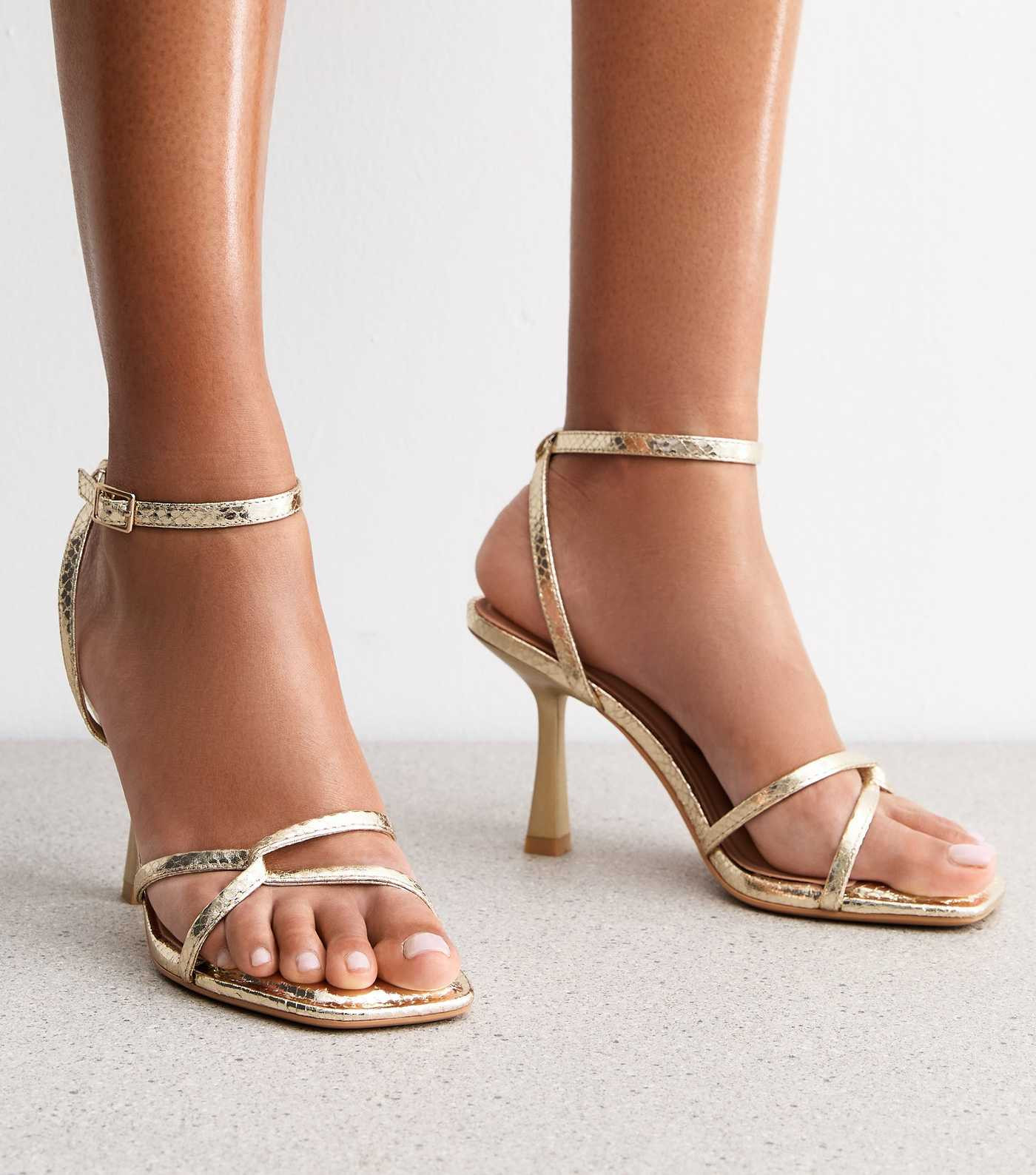 Gold Intertwined Strap Faux Leather Heeled Sandals | New Look | New Look (UK)