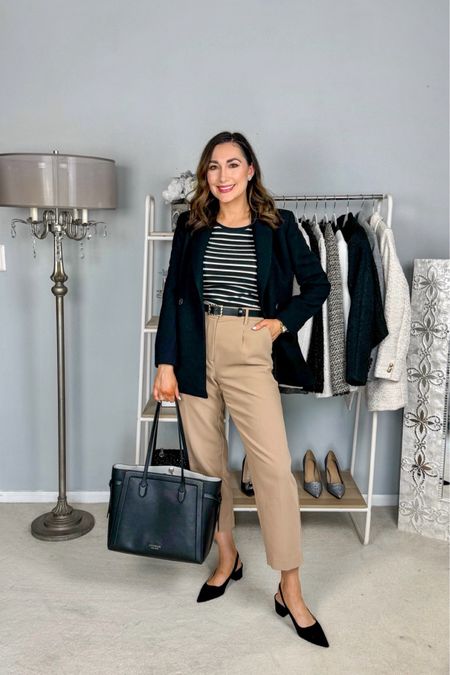 Neutral business casual outfit 🖤🤍🤎

Black blazer size 4, TTS (extra 60% off)
Black and white ribbed long sleeve top size xs, size down for fitted look (extra 60% off)
Tan high waisted pants (linked similar)
Black pointed toe sling back flats size 7, TTS (extra 40% + 15% off)

Work wear 
Office outfit 
Classy style 
Neutral outfit 


#LTKShoeCrush #LTKWorkwear #LTKSaleAlert