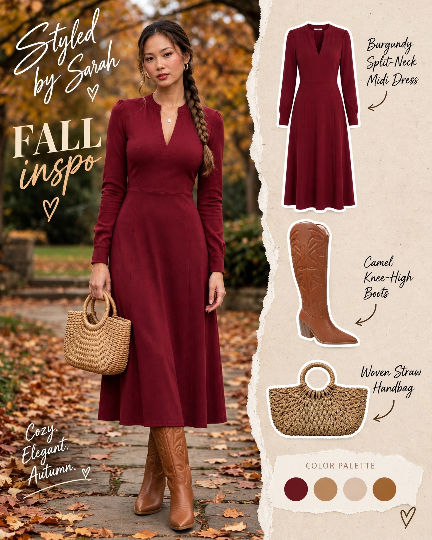 Elegant. Warm. Confident. 🍷 Burgundy split-neck midi dress, camel knee-high boots & woven handbag — the perfect fall outfit, all linked below! 

 #StyledBySarah