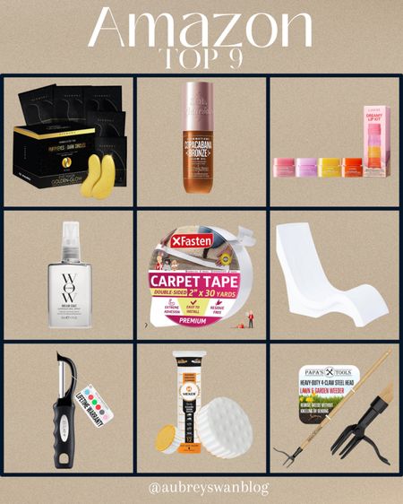 Amazon Top 9 round up! Sharing my favorite items. ✨ 

Amazon finds, gold eye masks, wow hair spray, Sol De Janeiro glow oil, pool chair, sneaker cleaner, potato peeler, weed puller, carpet cleaner, Laneige lip mask 
