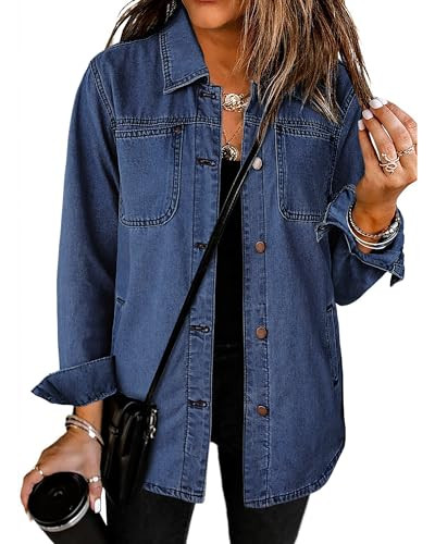 Luvamia Women's Fashion Button Down Denim Jacket - Trendy Lightweight Jean Jacket - Nightfall Blue - Medium (Fits Size 8-10) | Amazon (US)