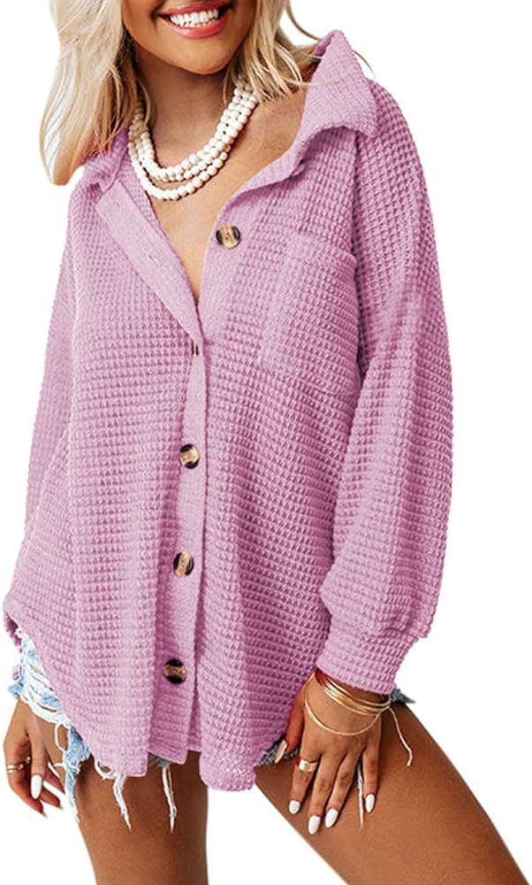 Dokotoo Womens Waffle Knit Shacket Jacket Casual Long Sleeve Button Down Shirts Dressy Blouses To... | Amazon (US)