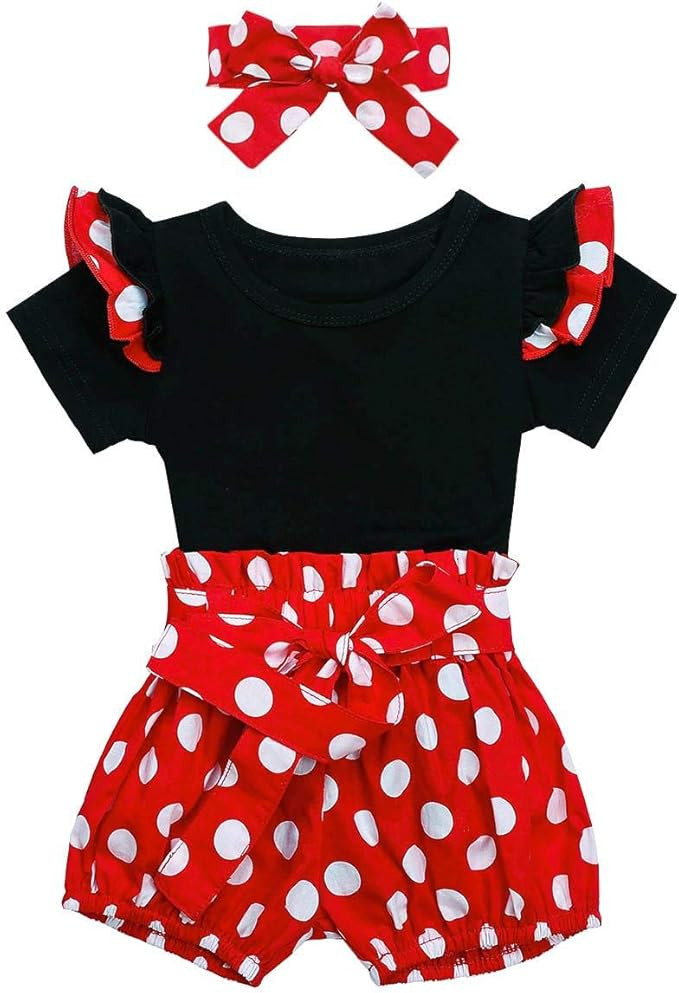 IDOPIP Baby Girls Ruffle Sleeves Romper Top+Polka Dots Shorts Pants Set with Headband Birthday Ou... | Amazon (US)