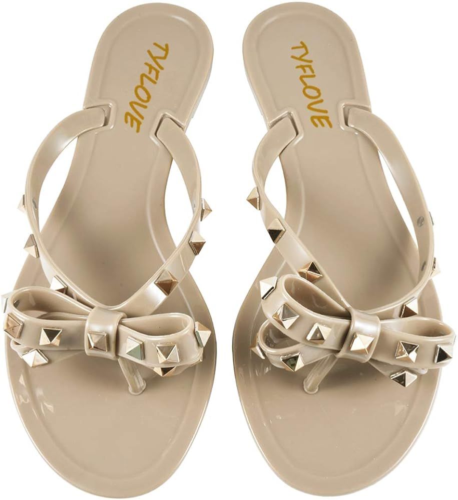 TYFLOVE Women Rivet Flip Flops Studded Jelly Thong Sandals with Bow Summer Bowtie Flat Beach Rain Sh | Amazon (US)