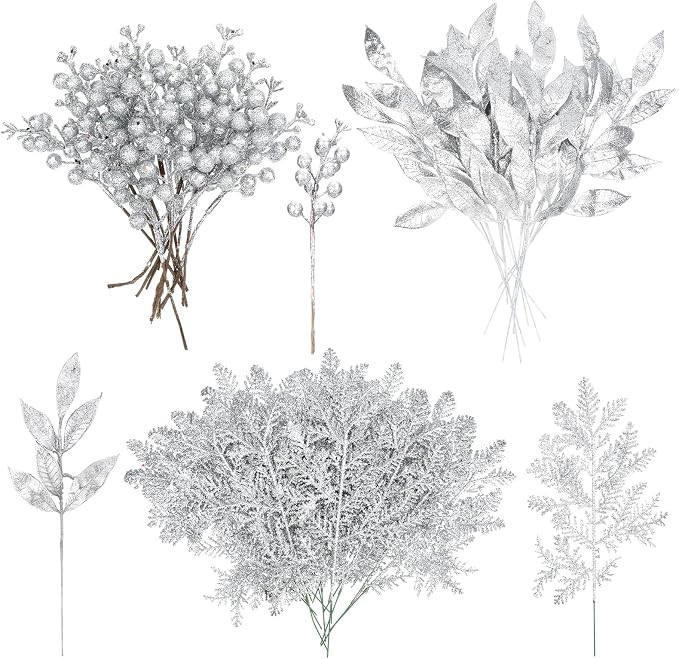 Crowye 45 Pcs 3 Styles Glitter Christmas Picks Silver Artificial Berries Stems Spray Leaf Pine Ne... | Amazon (US)