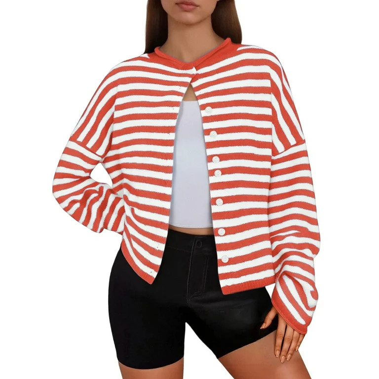 Arlun Womens Striped Cardigan Sweaters Casual Long Sleeve Open Front Button down Loose Knit Cardi... | Walmart (US)