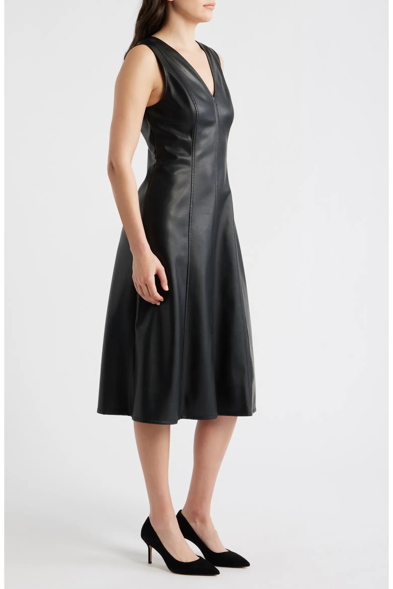 V-Neck Faux Leather Fit & Flare Midi Dress (Women) | Nordstrom | Nordstrom