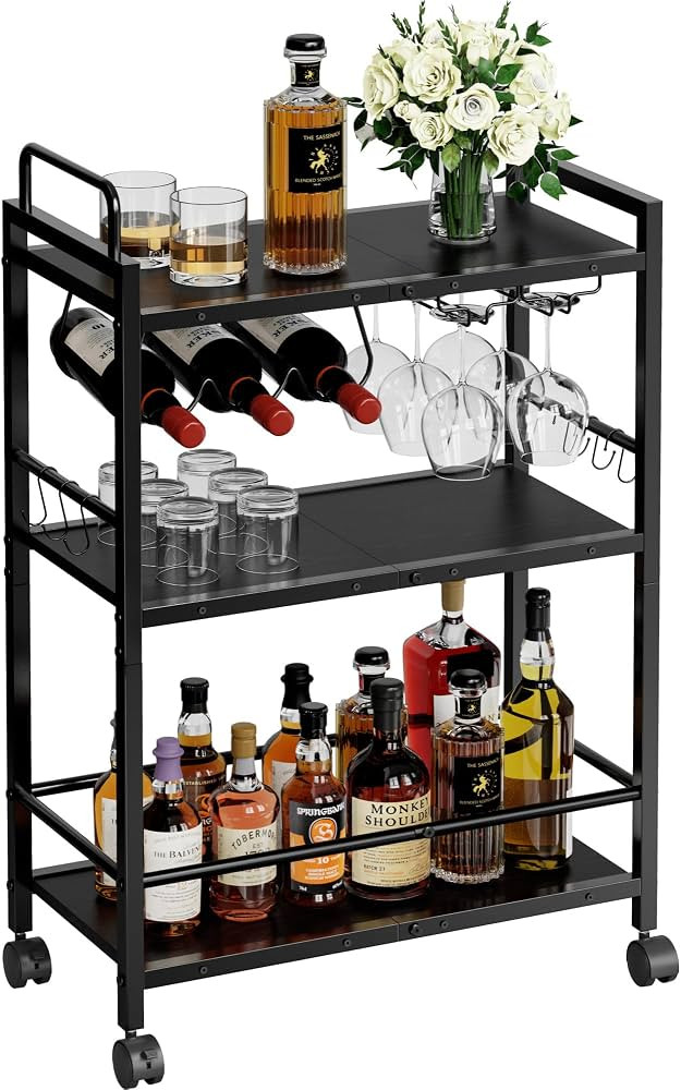 Home Bar Serving Cart, Serving Cart with Wheels and Handle, 3 Tier Rolling Kitchen Cart, Microwav... | Amazon (US)