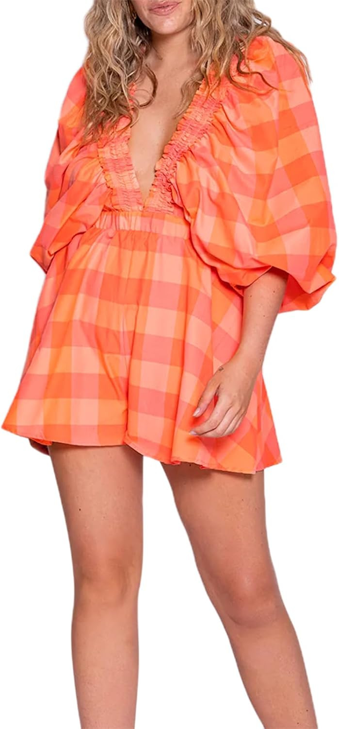 Women's Long Puff Sleeve Short Romper Summer Cute Deep V Neck Flowy Tropical Beach Vacation Playsuit Resort Wear 2026 | Amazon (US)