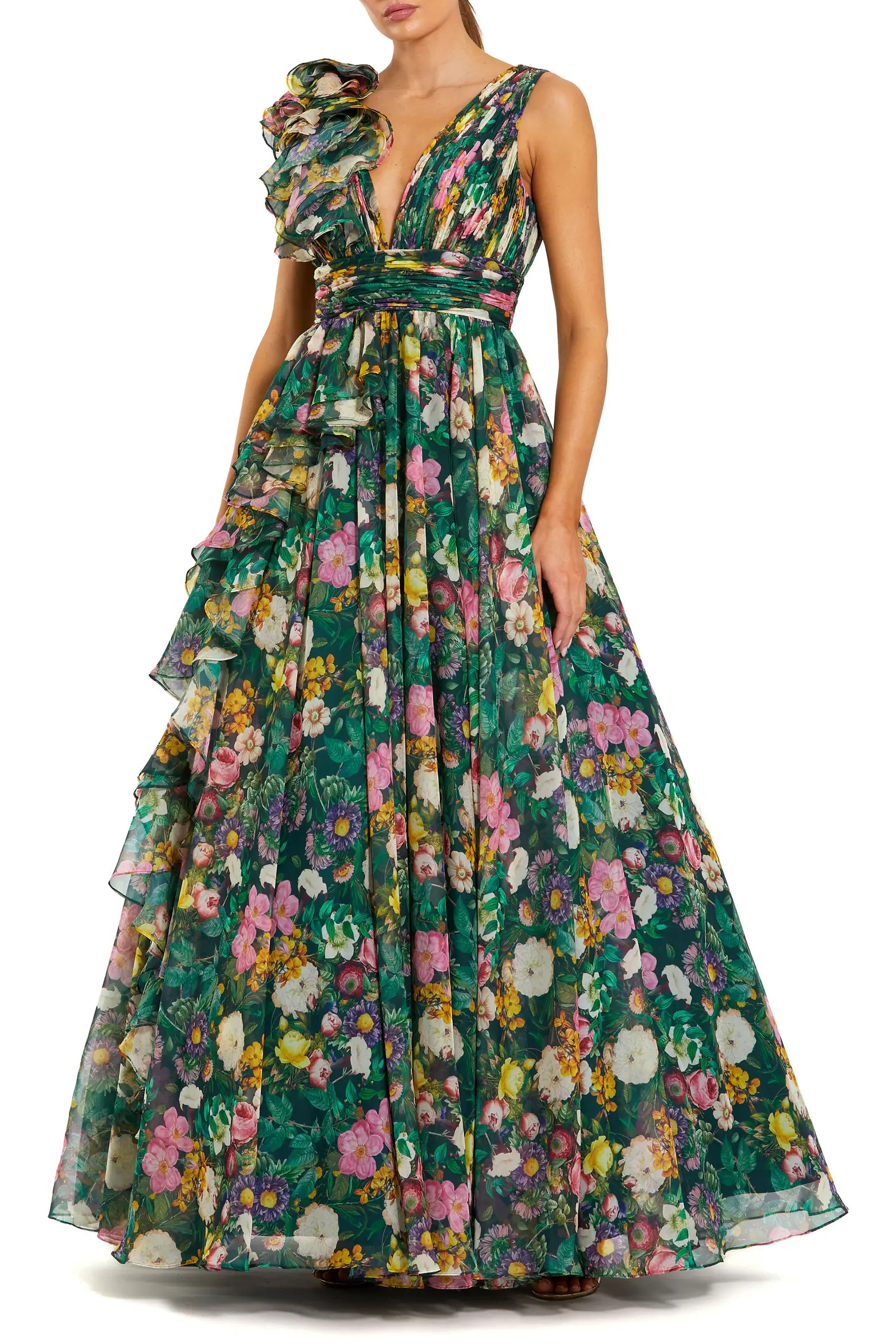 Ruffle Shoulder V-Neck Printed Chiffon Gown (Women) | Nordstrom | Nordstrom