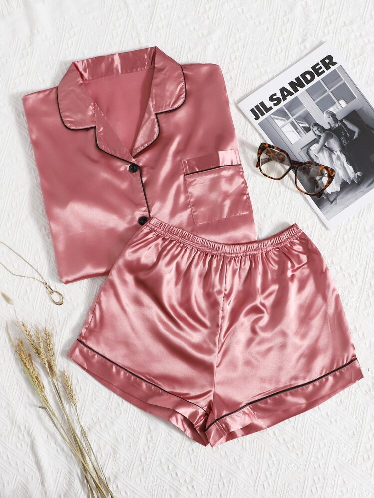 Contrast Binding Satin PJ Set | SHEIN