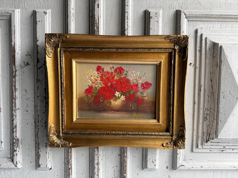 Antique French Oil Painting, Bouquet Floral Flowers Vase Original Artwork Wooden Framed Still Lif... | Etsy (US)