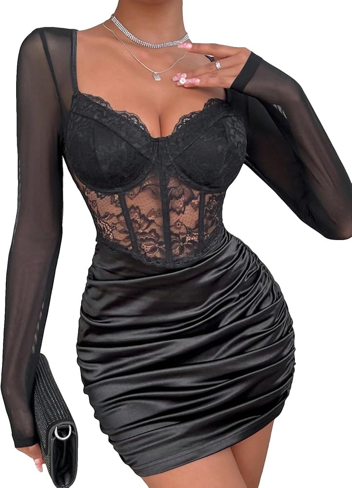 Floerns Women's Lace Mesh Sheer Corset Dress Sweetheart Neck Long Sleeve Ruched Bodycon Dresses | Amazon (US)