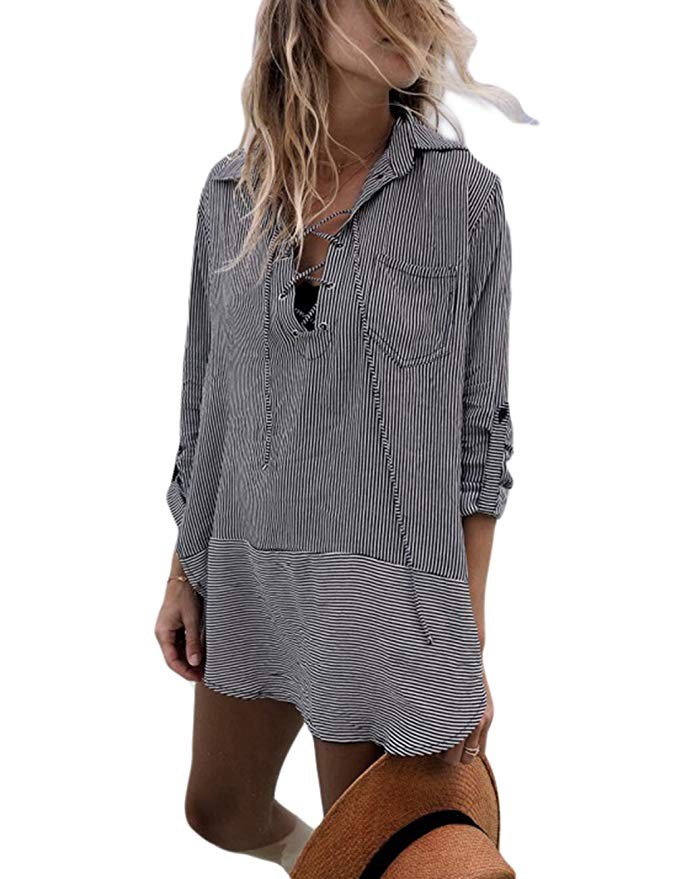 Bsubseach Women Embroidered Half/Long Sleeve Swimsuit Cover Up Mini Beach Dress | Amazon (US)